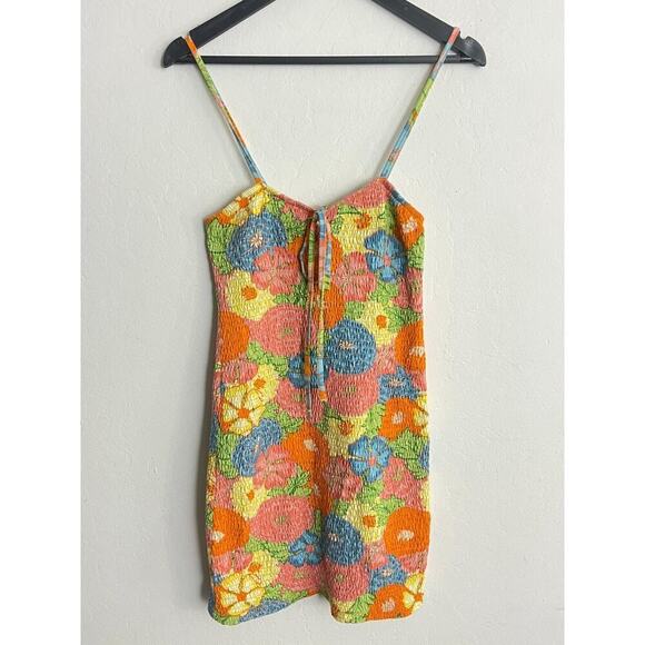 Zara L Dress Hawaiian Floral Smocked Stretch Mini Cover Up Halter 70s Style - Picture 2 of 8